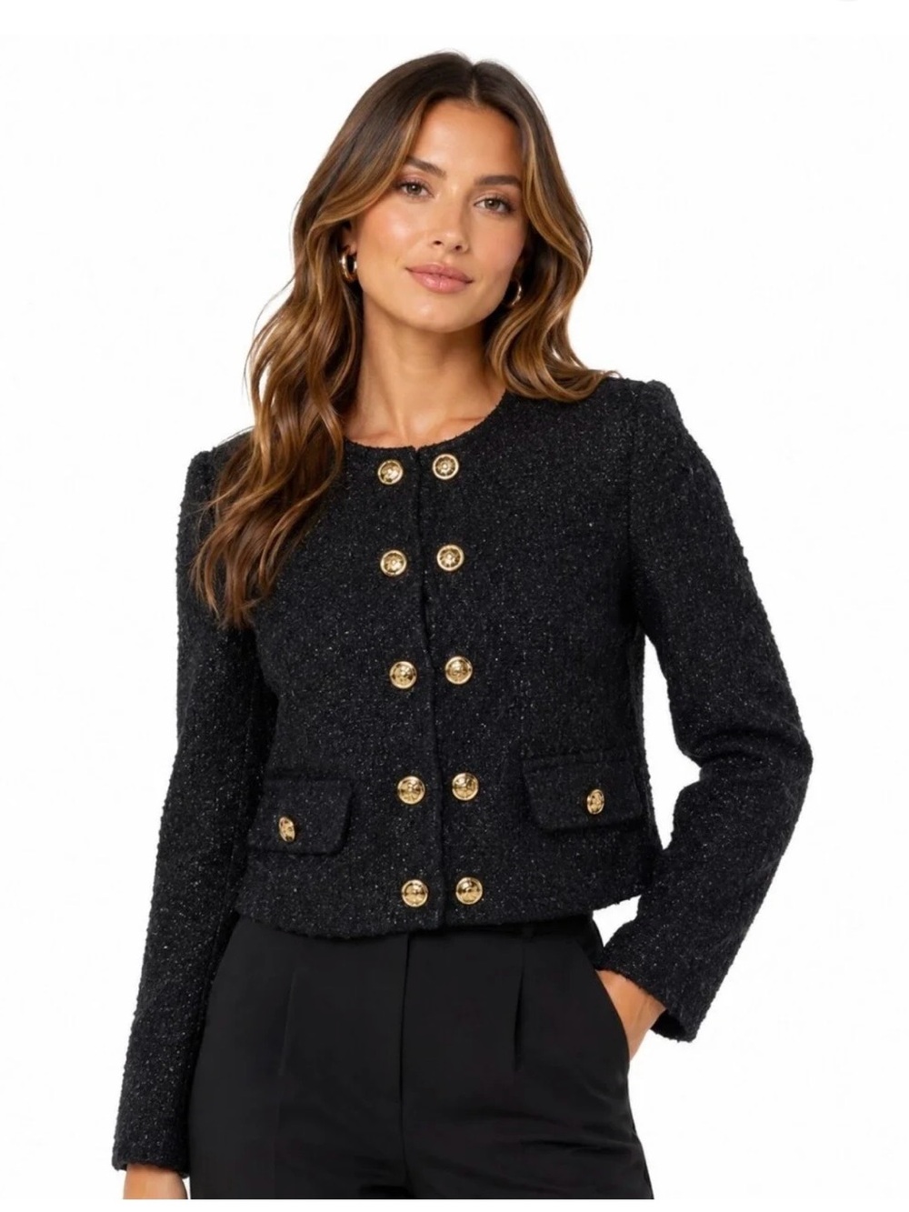 MICHAEL Michael Kors Black Tweed Double-Breasted Jacket with Gold Buttons